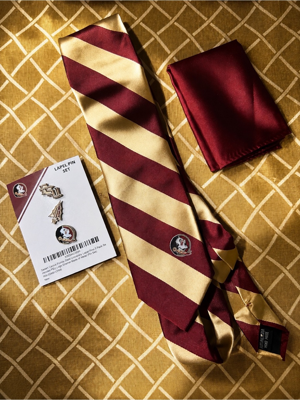 Florida State University FSU Men’s Tie + Pocket Square + 3 Lapel Pin Set